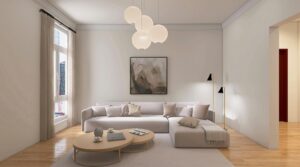 Home Elegant minimalist living room with neutral colors and modern decor.
